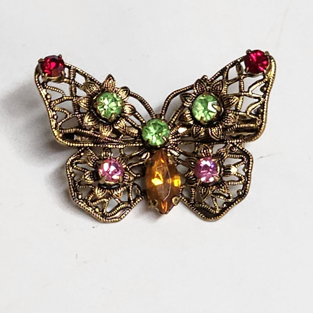 Filigree Butterfly Brooch Vintage Openwork Multiple Colors Rhinestone - Picture 3 of 9